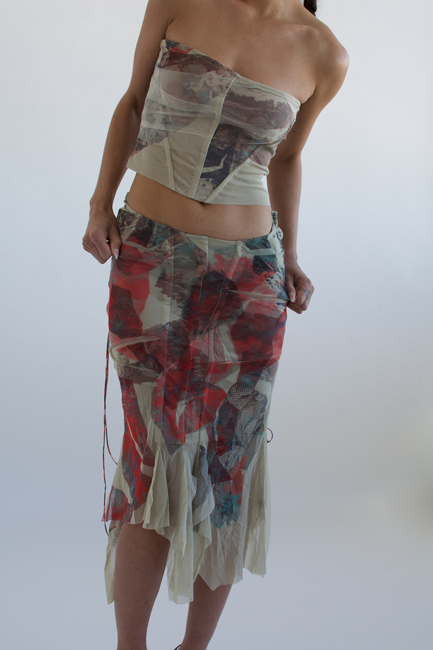 Printed Kerchief Mesh Skirt